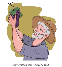 Frutas, ilustración de un hombre de Rio Grande do Sul recogiendo uvas de vino en la granja o viñedo al aire libre. Agricultura, agricultura y el hombre que fabrica alcohol obtiene ingredientes.