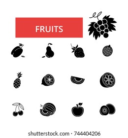 Fruits illustration, thin line icons, linear flat signs, vector symbols, outline pictograms set, editable strokes