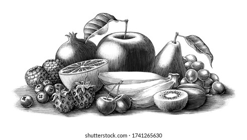 Fruits illustration vintage engraving style black and white clip art isolated on white background