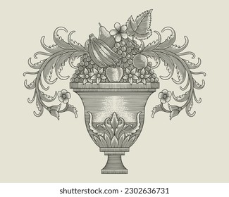 Fruits illustration vintage engraving style black on the vase with floral ornament