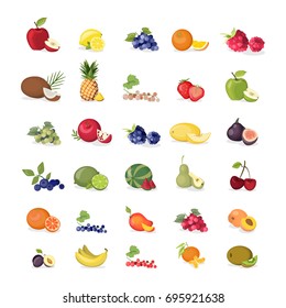 Fruits illustrations set on white background. Apples and bananas, coconuts and oranges and more.