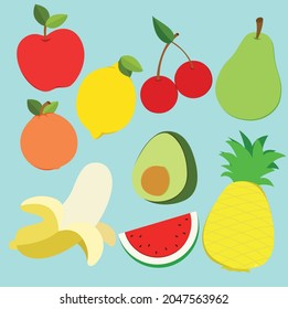 Fruits Images Set Vector (Apple, Lemon, Cherry, Pear, Pineapple, Avocado, Orange, Watermelon, Banana)