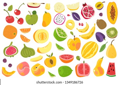 Fruits isolated. Cherry orange peach plum banana melon lime colorful fruit cute kids food natural vegan nutrition cartoon vector set