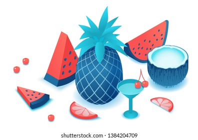 Fruits isometric set with watermelon, pineapple, coconut, cherry, red, citrus slice, summer background elements, tropical food and drink concept, vector 3d illustration