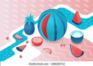 Fruits isometric set with watermelon, pineapple, coconut, cherry, red, citrus slice, summer background elements, tropical food and drink concept, vector 3d illustration