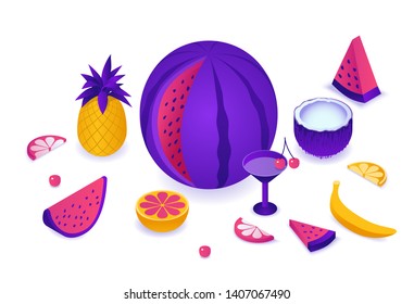 Fruits isometric set with watermelon, pineapple, coconut, cherry, red, citrus slice, summer background elements, tropical food and drink concept, vector 3d illustration