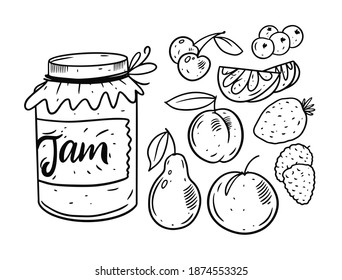 Fruits Jam in jar. Hand drawing doodle set elements. Black and white colors. Vector illustration.