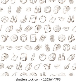 Fruits and Japanese food set. Background for printing, design, web. Usable as icons. Seamless. Color.