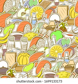 Fruits, Japanese food and Table setting pattern. Background for printing, design, web. Seamless. Colored.