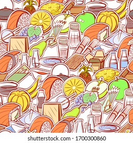 Fruits, Japanese food and Table setting pattern. Background for printing, design, web. Seamless. Colored.