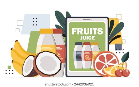 Fruits juice concept. Banana and cocconut with grapefruit, slice of emon and cherries. Healthy eating with vitamins. Natural and organic products. Cartoon flat vector illustration