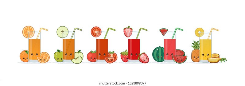 Fruits juice. Cute kawai smiling cartoon juice with slices in a glass with juice straw.