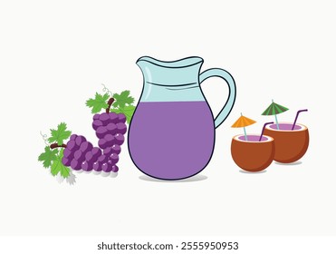 fruits juice set grape jug coconut vector illustration