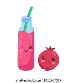 Fruits Juice Smoothie in glass bottle with straw. Vector kawaii drink illustration in cute cartoon style isolated on white background. Pomegranate fruit smoothie. Smiling food characters for kids menu