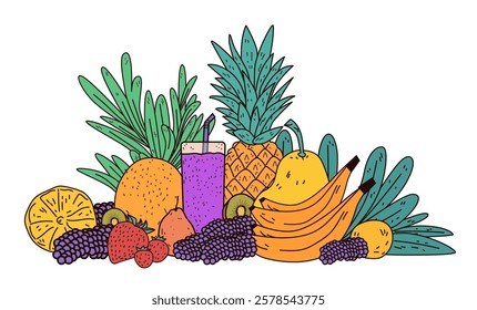 Fruits and juice tropical theme colorful arrangement with bananas pineapple berries and leaves vibrant design for food-related content