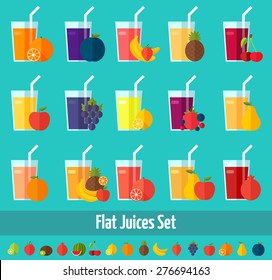 Fruits juices flat icons set. Colorful template for cooking, restaurant menu and vegetarian food