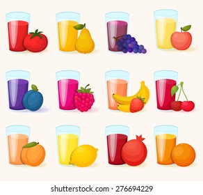 Fruits juices icons set. Colorful template for cooking, restaurant menu and vegetarian food