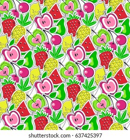 Fruits juicy.  Vector illustration of seamless pattern with apple, cherry, watermelon, lemon, pear, pineapple, strawberry. 