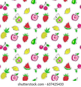 Fruits juicy.  Vector illustration of seamless pattern with apple, cherry, watermelon, lemon, pear, pineapple, strawberry. 