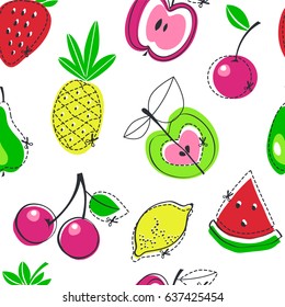 Fruits juicy.  Vector illustration of seamless pattern with apple, cherry, watermelon, lemon, pear, pineapple, strawberry. 