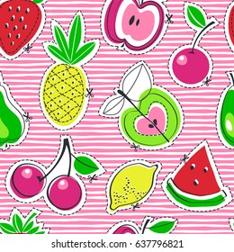 Fruits juicy.  Vector illustration of seamless pattern with apple, cherry, watermelon, lemon, pear, pineapple, strawberry. 