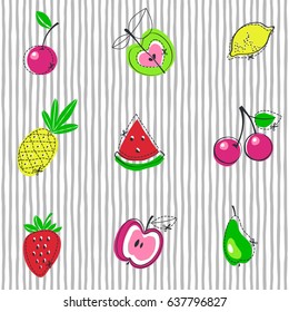 Fruits juicy.  Vector illustration of seamless pattern with apple, cherry, watermelon, lemon, pear, pineapple, strawberry. 
