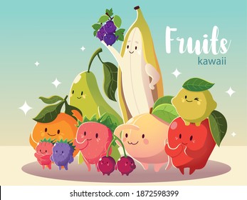 fruits kawaii funny cute banana apple pear peach orange cherry and lemon