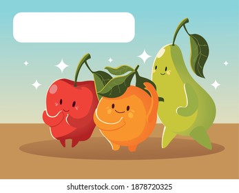 fruits kawaii funny face cartoon cute apple orange and pear