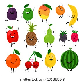 Fruits for kids. Cute fruit characters vector illustration, healthy juice cartoon kawaii summer fruits isolated on white background