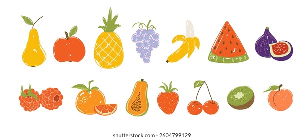 Fruits kids doodle. Hand drawn vector illustration: pear, apple, pineapple, grape, banana, fig, raspberry, papaya, strawberry, cherry, tangerine, watermelon, kiwi, peach. Isolated.