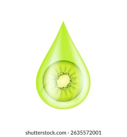 Fruits kiwi in water drop on a white background. Serum solution vitamin C from nature essential skin care. For ads cosmetics cream lotion. Vector EPS10.
