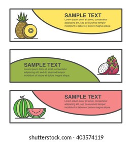 Fruits label design with 3 different composition for pineapple, dragon fruit and watermelon produce. 