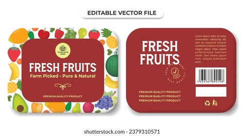 Fruits label design, farm fresh pure natural fruits pattern sticker design, packaging design, natural organic fruit box carton editable vector file download