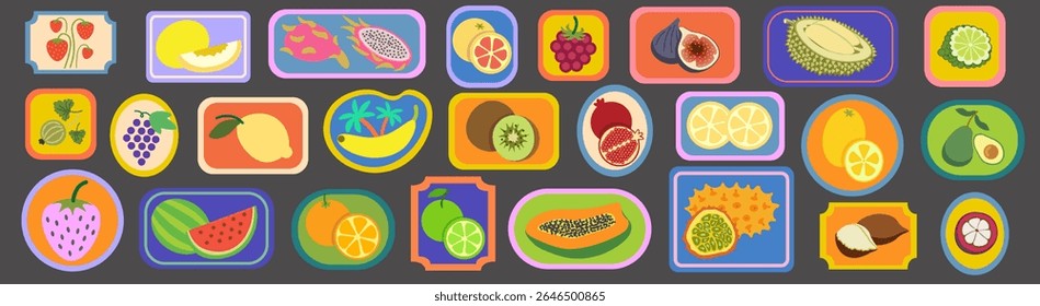 fruits label or stamp set in doodle style. elements for decor postcard design print sticker poster background