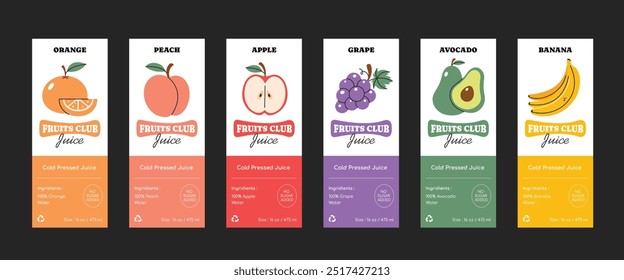 Fruits label templates. Set of fruit juice packaging design layout. Various fruits flavour vertical banner 