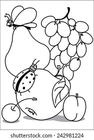 Fruits and ladybug. On the big apple sits ladybug and bee on pear. Nearby is the cherry, plum, grapes. Coloring page