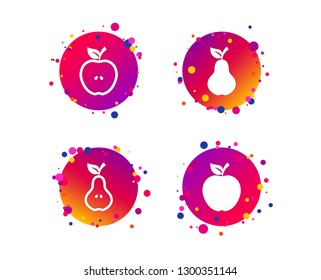 Fruits with leaf icons. Apple and Pear with seeds signs. Natural food symbol. Gradient circle buttons with icons. Random dots design. Vector