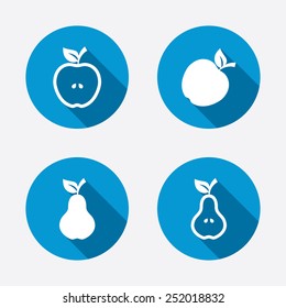 Fruits with leaf icons. Apple and Pear with seeds signs. Natural food symbol. Circle concept web buttons. Vector