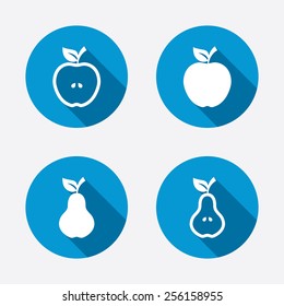 Fruits with leaf icons. Apple and Pear with seeds signs. Natural food symbol. Circle concept web buttons. Vector