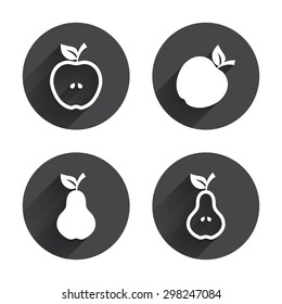 Fruits with leaf icons. Apple and Pear with seeds signs. Natural food symbol. Circles buttons with long flat shadow. Vector