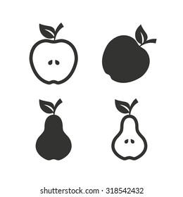 Fruits with leaf icons. Apple and Pear with seeds signs. Natural food symbol. Flat icons on white. Vector