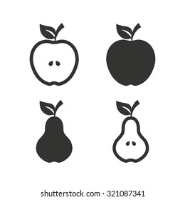 Fruits with leaf icons. Apple and Pear with seeds signs. Natural food symbol. Flat icons on white. Vector