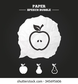 Fruits with leaf icons. Apple and Pear with seeds signs. Natural food symbol. Paper speech bubble with icon.