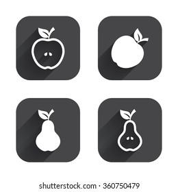 Fruits with leaf icons. Apple and Pear with seeds signs. Natural food symbol. Square flat buttons with long shadow.