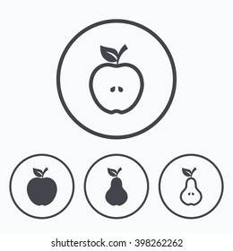 Fruits with leaf icons. Apple and Pear with seeds signs. Natural food symbol. Icons in circles.