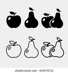 Fruits with leaf icons. Apple and Pear signs. Natural food symbol. 