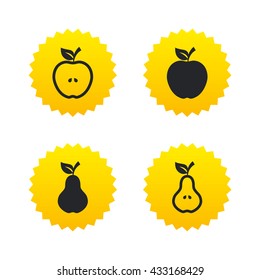 Fruits with leaf icons. Apple and Pear with seeds signs. Natural food symbol. Yellow stars labels with flat icons. Vector