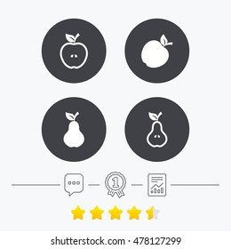 Fruits with leaf icons. Apple and Pear with seeds signs. Natural food symbol. Chat, award medal and report linear icons. Star vote ranking. Vector