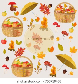 Fruits and leaves autumn pattern. Seasonal harvest vector