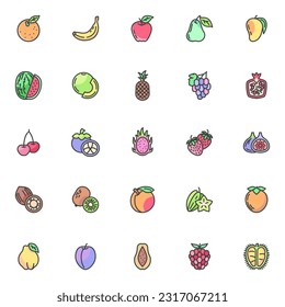 Fruits with leaves filled outline icons set, line vector symbol collection, linear colorful pictogram pack. Signs, logo illustration, Set includes icons as orange, banana, apple, pineapple, strawberry